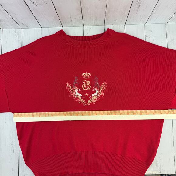 VTG Bogner Red Wool Blend Embroidered Crest Crown Deer Ski Sweater Size Large - Picture 12 of 13